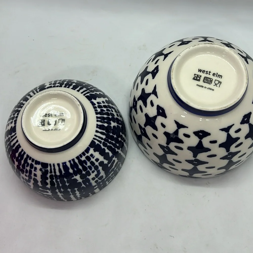 Set of 2 West Elm Ceramic Nesting Bowls Indigo Blue Tie Dye